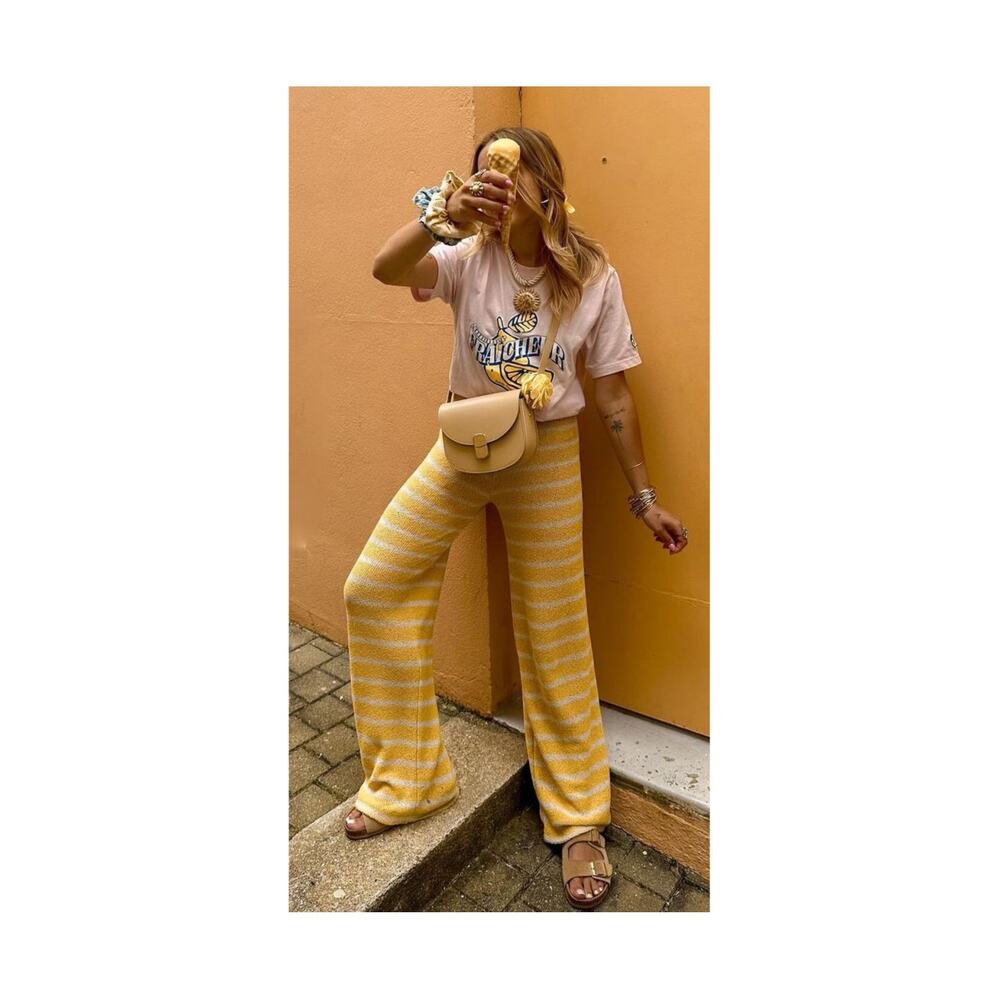 ZARA Striped Wide Leg Knit Beach Pants Yellow Size Medium